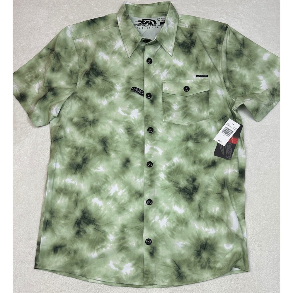Pipeline Mens Green Tie Dye Short Sleeve Button Down Stretch Shirt M3S1504PZ L